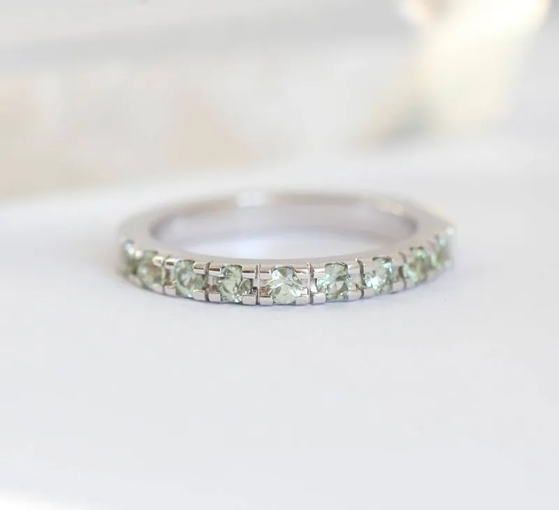 LIGHT GREEN SAPPHIRE RING, WHITE GOLD WEDDING BAND green sapphire round cut engagement ring