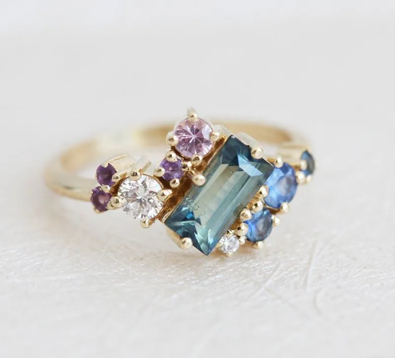 Lila Teal Blue Sapphire Amethyst Diamond Cluster Ring view 2