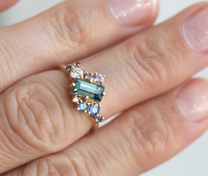 Lila Teal Blue Sapphire Amethyst Diamond Cluster Ring view 3