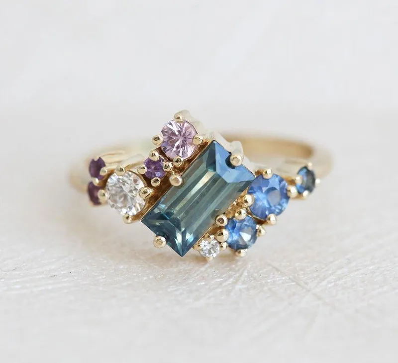Lila Teal Blue Sapphire Amethyst Diamond Cluster Ring view 4