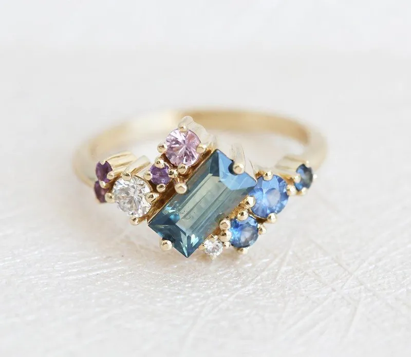 Lila Teal Blue Sapphire Amethyst Diamond Cluster Ring view 5