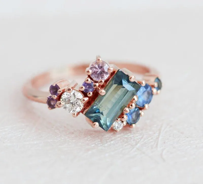 Lila Teal Blue Sapphire Amethyst Diamond Cluster Ring view 6