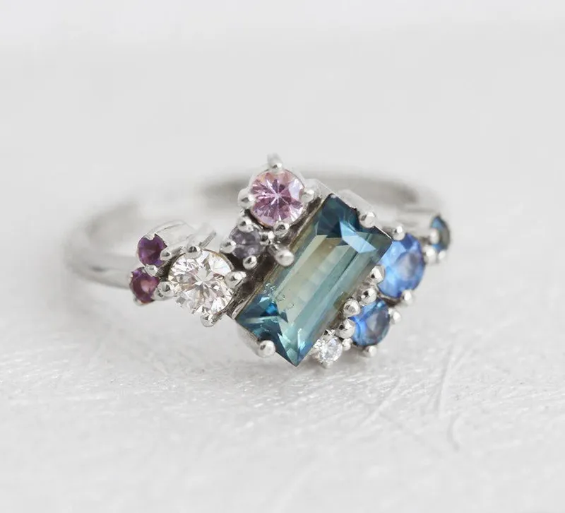 Lila Teal Blue Sapphire Amethyst Diamond Cluster Ring view 7