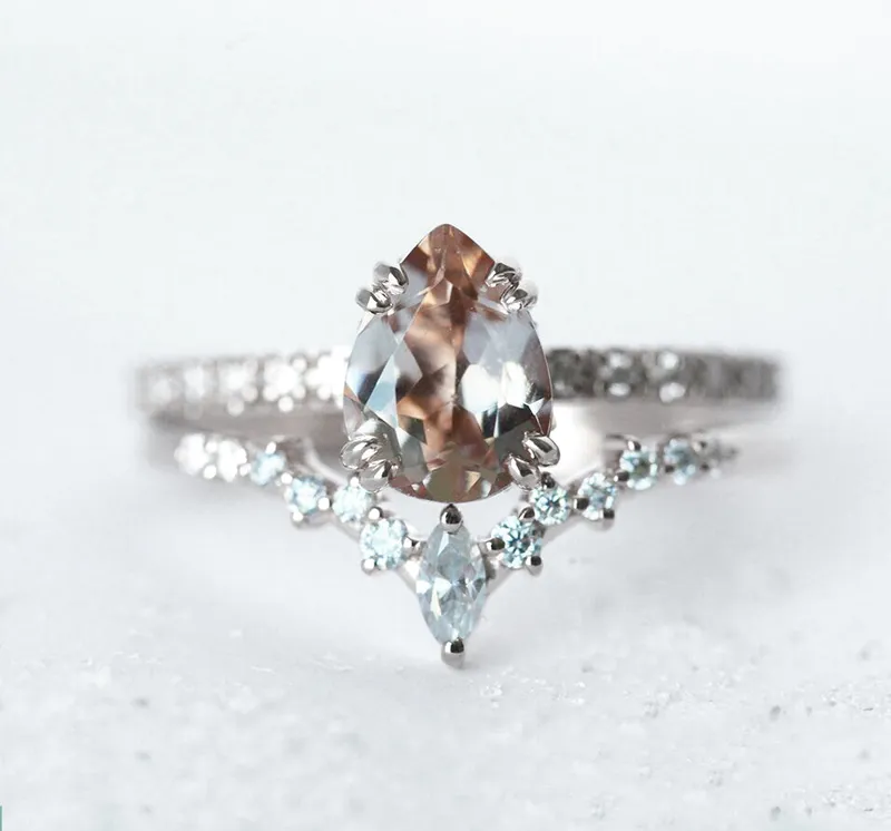 LORELEI PEAR PEACH SAPPHIRE DIAMOND RING SET view 10
