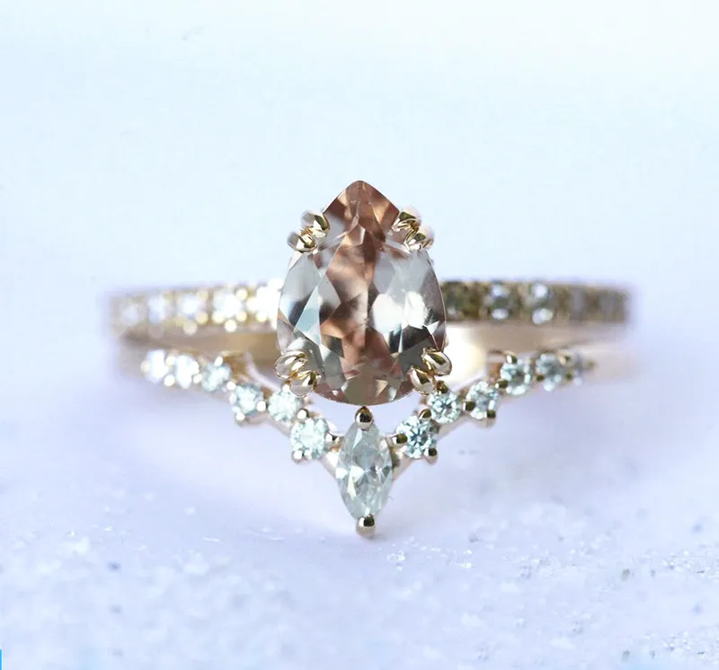 LORELEI PEAR PEACH SAPPHIRE DIAMOND RING SET view 11