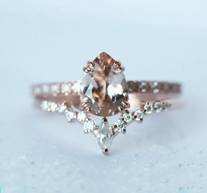 LORELEI PEAR PEACH SAPPHIRE DIAMOND RING SET view 2