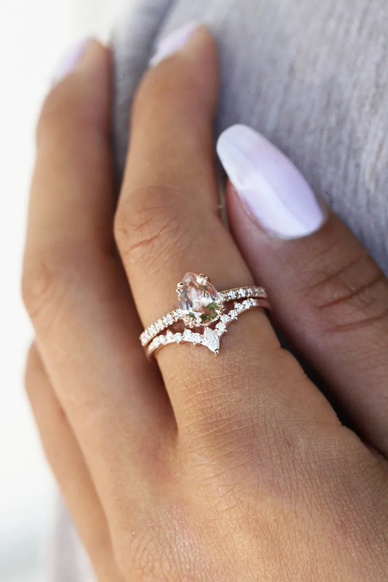 LORELEI PEAR PEACH SAPPHIRE DIAMOND RING SET view 3