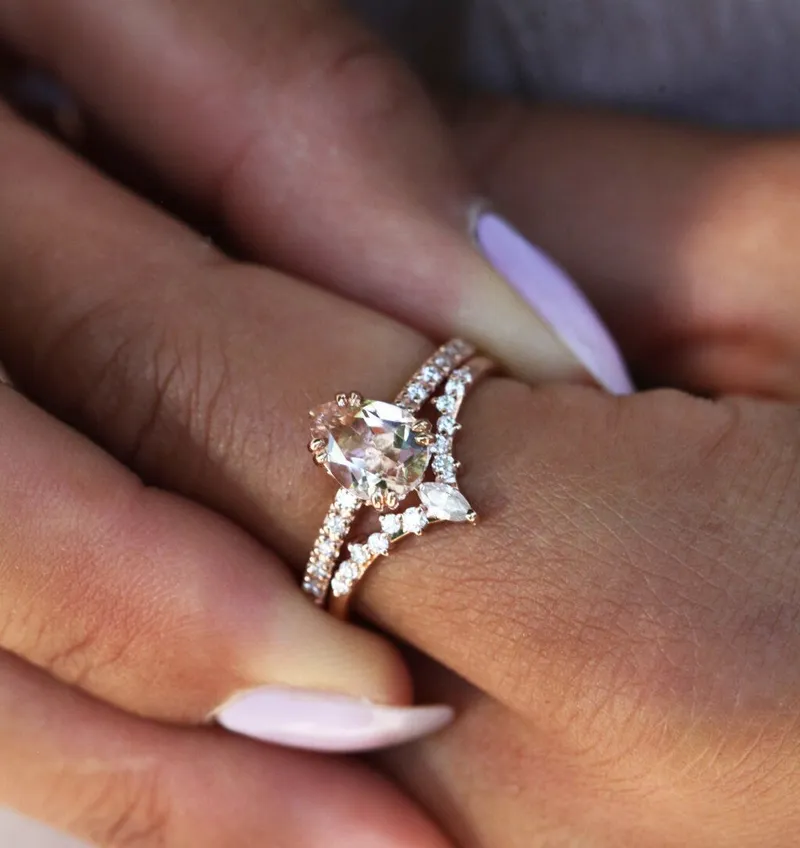 LORELEI PEAR PEACH SAPPHIRE DIAMOND RING SET view 6