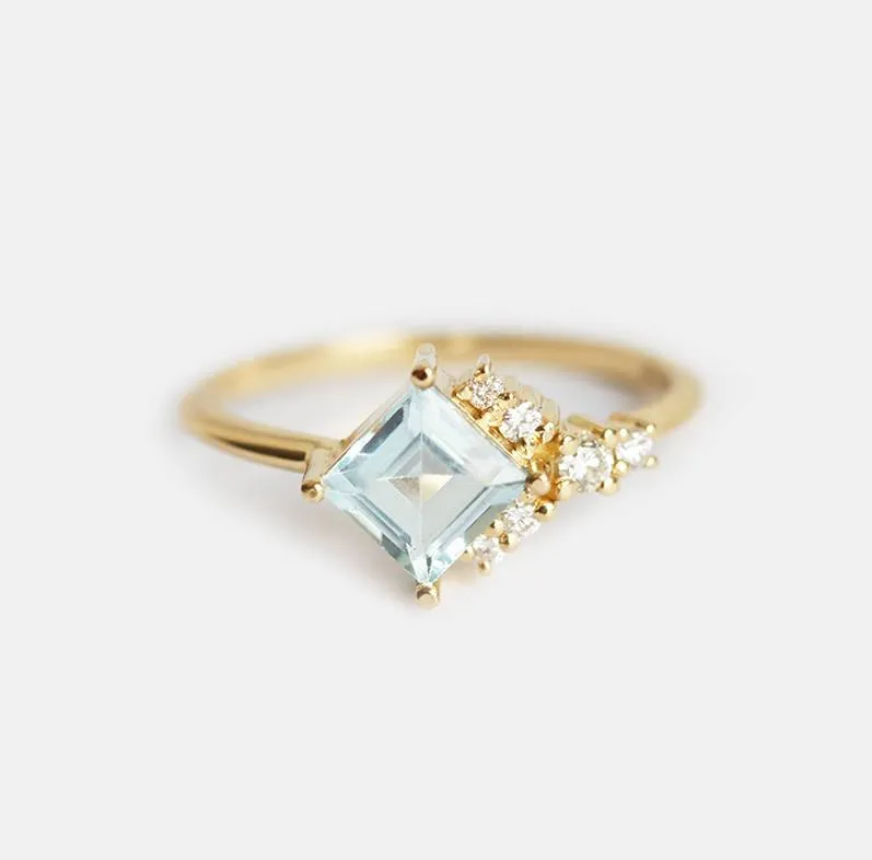 Luca Square Aquamarine Diamond Cluster Ring vy 2