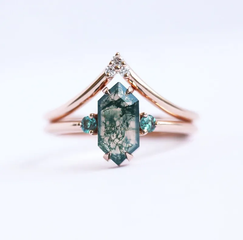 Luna Moss Agate And Alexandrite Ring With Diamond Band green engagement ring