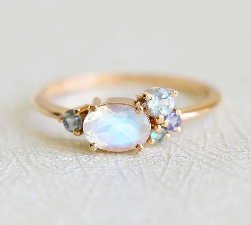 Lux Oval Moonstone Ruby Sapphires Garnet Cluster Ring view 10