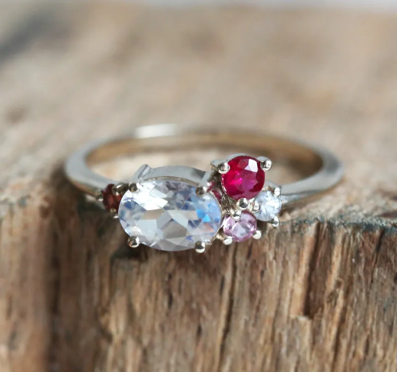 Lux Oval Moonstone Ruby Sapphires Garnet Cluster Ring view 2