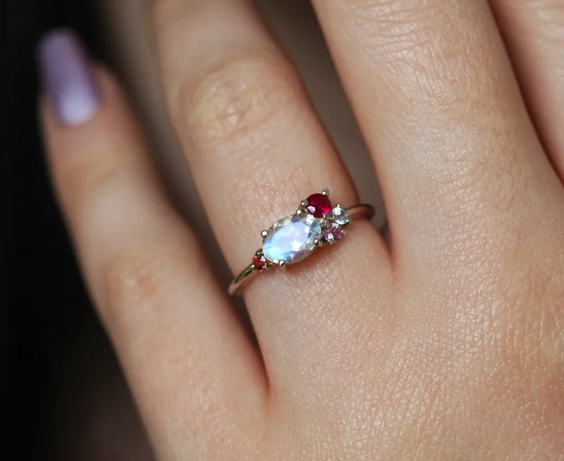 Lux Oval Moonstone Ruby Sapphires Garnet Cluster Ring view 3