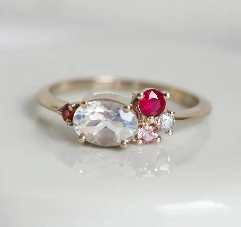 Lux Oval Moonstone Ruby Sapphires Garnet Cluster Ring view 4
