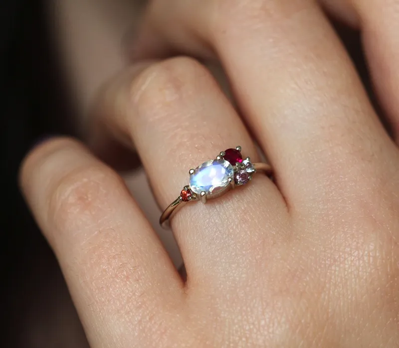 Lux Oval Moonstone Ruby Sapphires Garnet Cluster Ring view 5