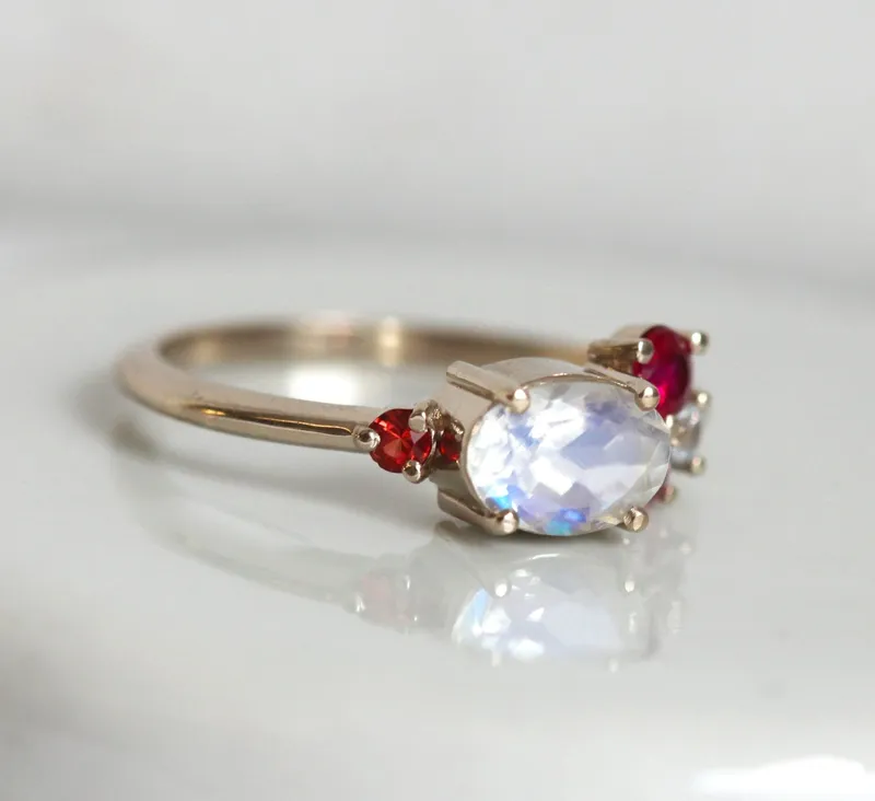 Lux Oval Moonstone Ruby Sapphires Garnet Cluster Ring view 6