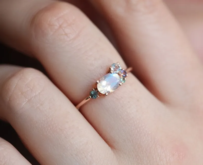 Lux Oval Moonstone Ruby Sapphires Garnet Cluster Ring view 9