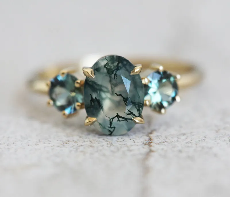 Marla Moss Agate Ring With Teal Tourmalines green oval cut engagement ring