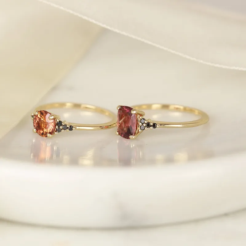 1.04ct Ready to Ship Malia 14kt Yellow Gold Flamed Tangerine Red Sapphire Black Diamonds Dainty Round Cluster Ring view 6