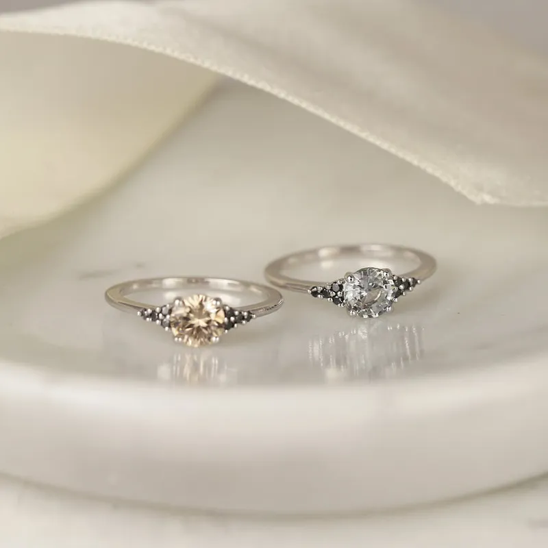 1ct Ready to Ship Malia 14kt White Gold Silver Grey Zircon Black Diamonds Cluster Ring view 2