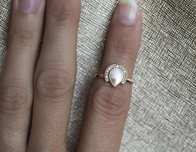Marceline Pear Shaped Pearl Ring With Diamond Halo view 3