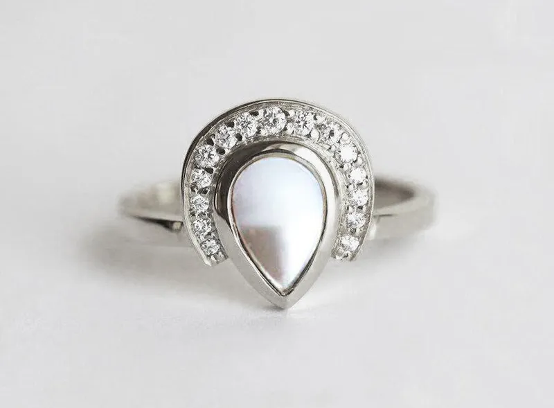 Marceline Pear Shaped Pearl Ring With Diamond Halo view 6
