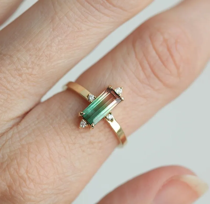 Margot Baguette Watermelon Tourmaline Ring W/ White Diamonds vy 2