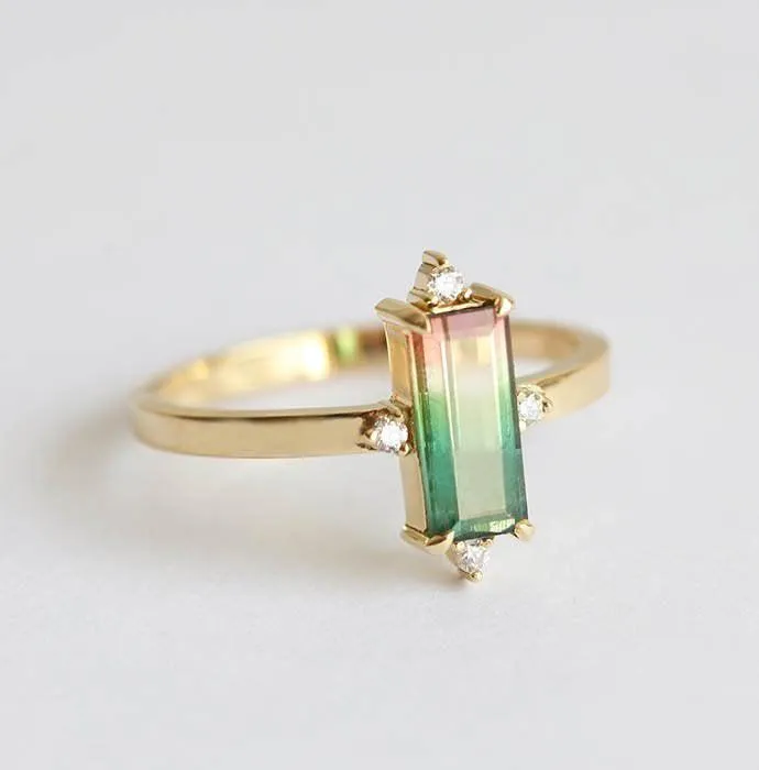 Margot Baguette Watermelon Tourmaline Ring W/ White Diamonds vy 3