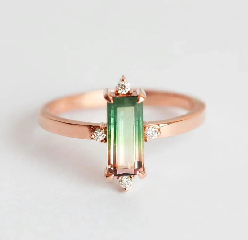 Margot Baguette Watermelon Tourmaline Ring W/ White Diamonds vy 8