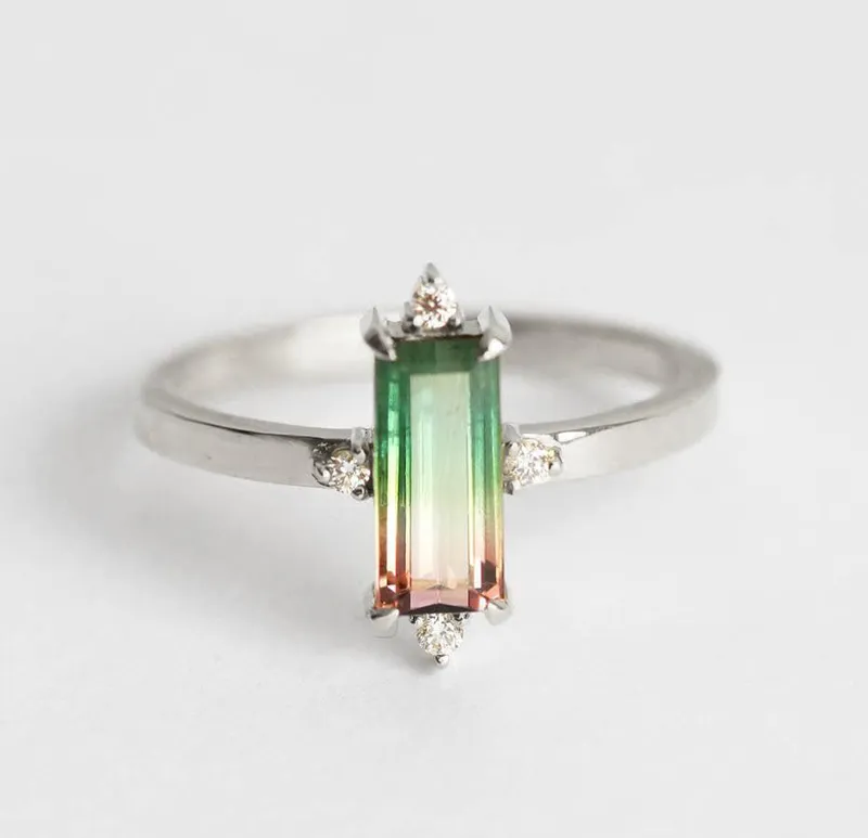 Margot Baguette Watermelon Tourmaline Ring W/ White Diamonds vy 9