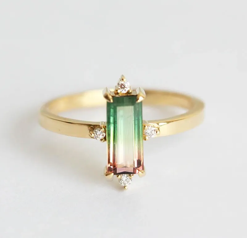 Margot Baguette Watermelon Tourmaline Ring W/ White Diamonds emerald emerald cut engagement ring