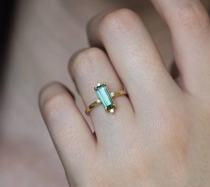 Margot Green Baguette Tourmaline Ring With Diamonds vy 2