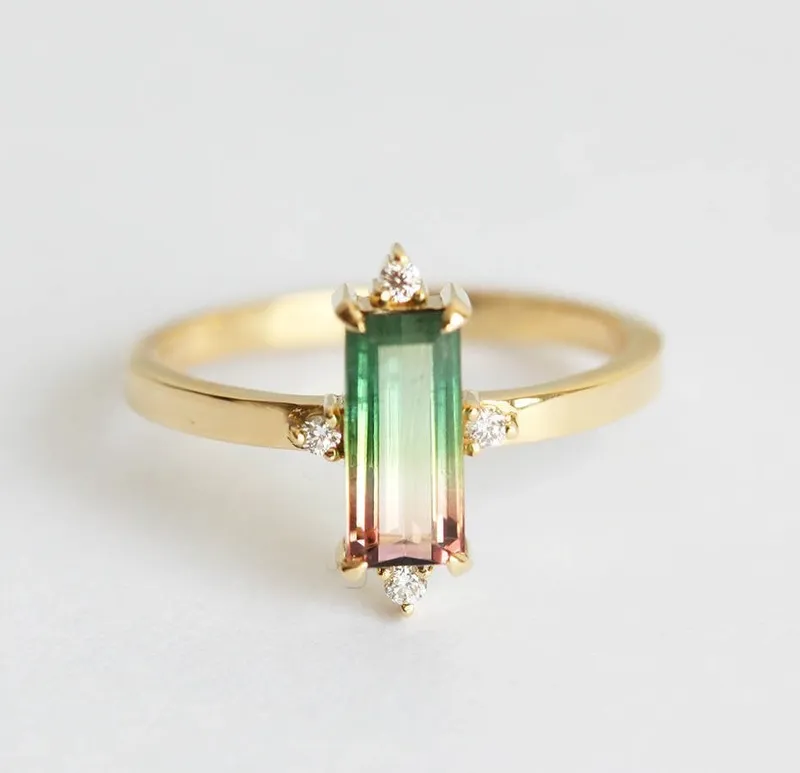 Margot Green Baguette Tourmaline Ring With Diamonds vy 7