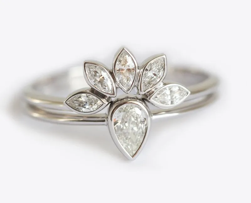 Marquise Diamond Crown & Solitaire Pear Diamond Ring Set view 2