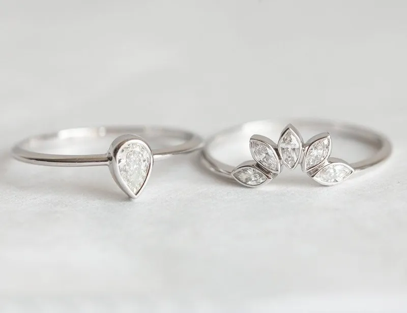 Marquise Diamond Crown & Solitaire Pear Diamond Ring Set view 3
