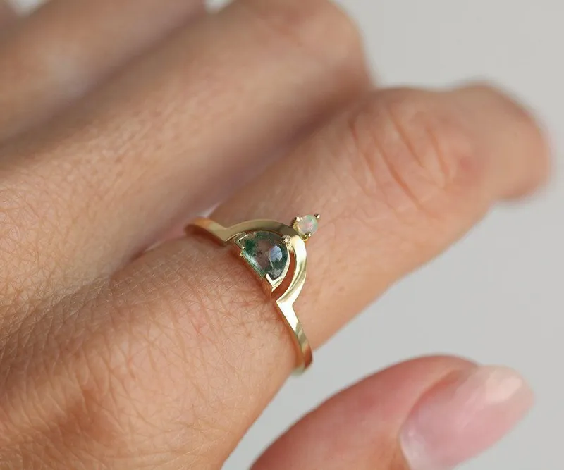 Melody Half Moon Moss Agate And Australian Opal Ring view 2