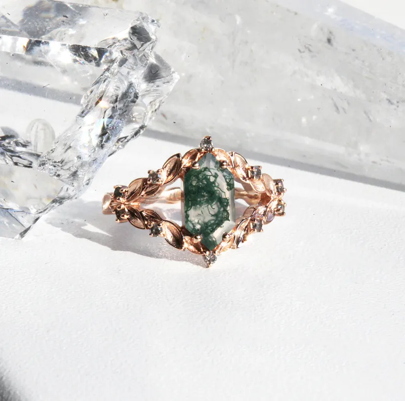 MEREDITH HEXAGON MOSS AGATE RING WITH SALT & PEPPER DIAMONDS view 10
