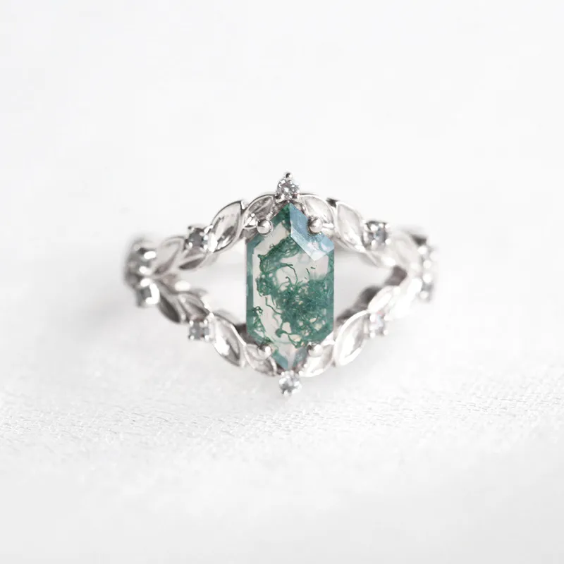 MEREDITH HEXAGON MOSS AGATE RING WITH SALT & PEPPER DIAMONDS view 11