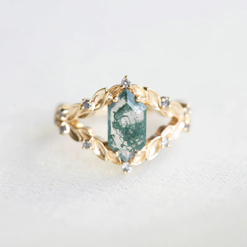 MEREDITH HEXAGON MOSS AGATE RING WITH SALT & PEPPER DIAMONDS view 12