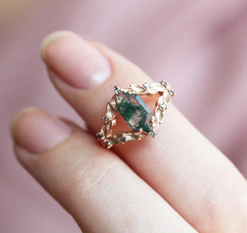 MEREDITH HEXAGON MOSS AGATE RING WITH SALT & PEPPER DIAMONDS view 2