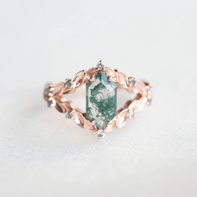 MEREDITH HEXAGON MOSS AGATE RING WITH SALT & PEPPER DIAMONDS view 3