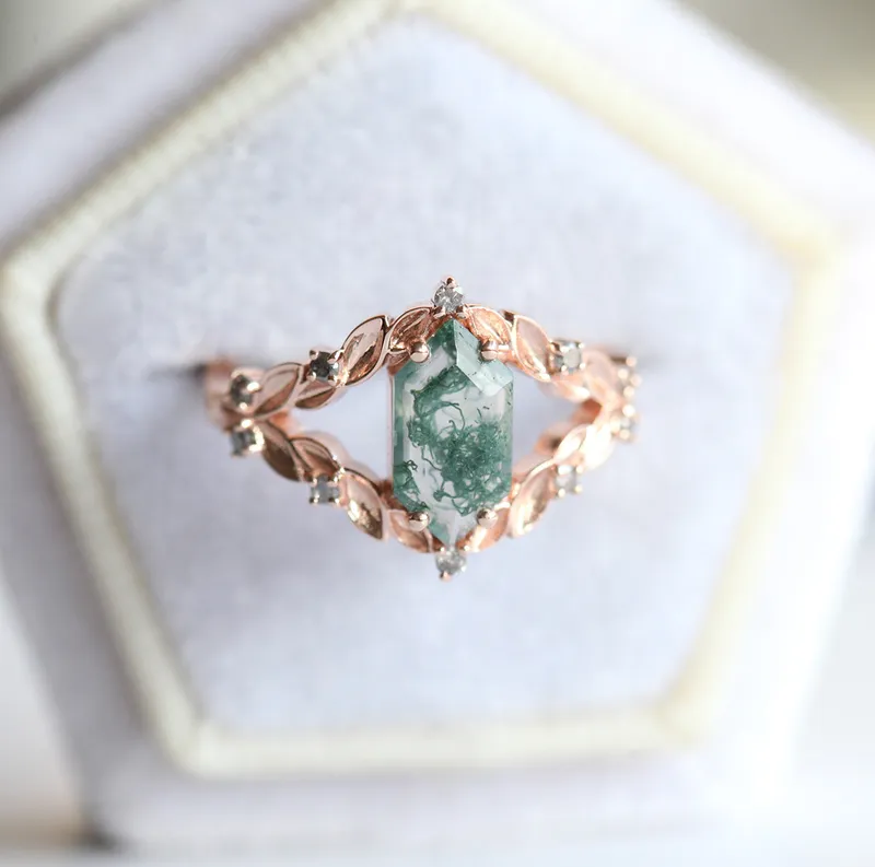 MEREDITH HEXAGON MOSS AGATE RING WITH SALT & PEPPER DIAMONDS view 5