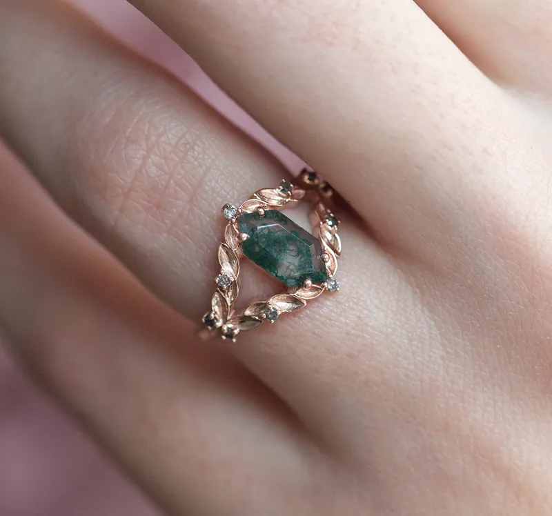MEREDITH HEXAGON MOSS AGATE RING WITH SALT & PEPPER DIAMONDS view 6