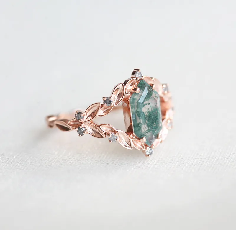 MEREDITH HEXAGON MOSS AGATE RING WITH SALT & PEPPER DIAMONDS view 7
