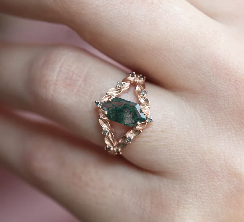 MEREDITH HEXAGON MOSS AGATE RING WITH SALT & PEPPER DIAMONDS view 8