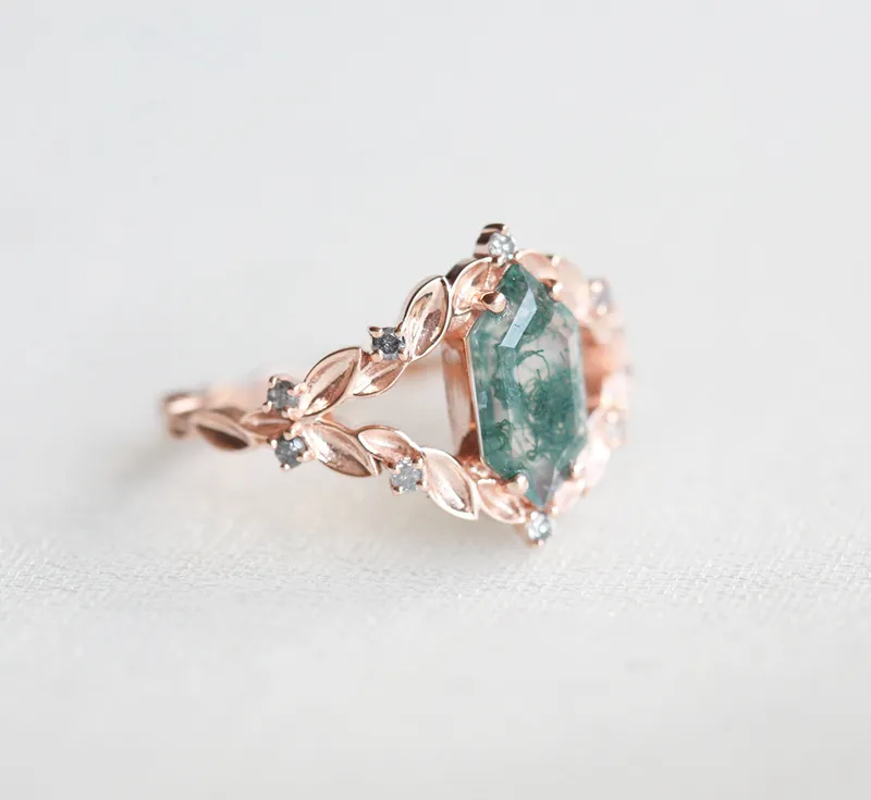 MEREDITH HEXAGON MOSS AGATE RING WITH SALT & PEPPER DIAMONDS view 9