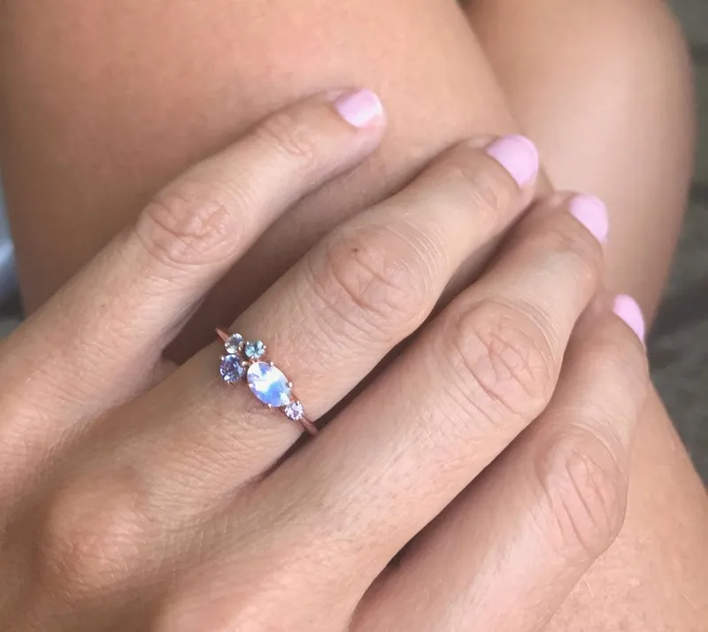 Merritt Oval Moonstone Tanzanite Sapphires Cluster Ring view 3