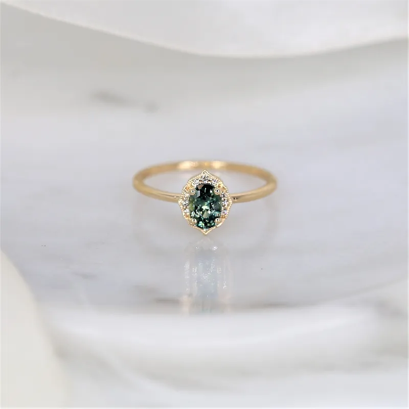 0.87ct Ready to Ship Mini Mae 14kt Gold Green Tea Teal Sapphire Diamond Oval Halo Ring vy 6