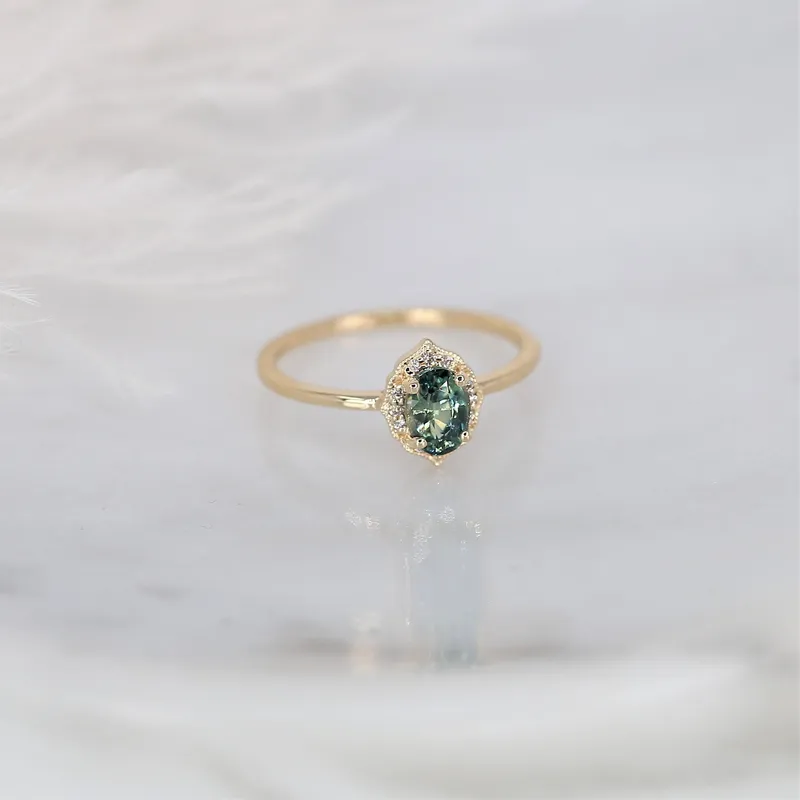 0.87ct Ready to Ship Mini Mae 14kt Gold Green Tea Teal Sapphire Diamond Oval Halo Ring vy 5
