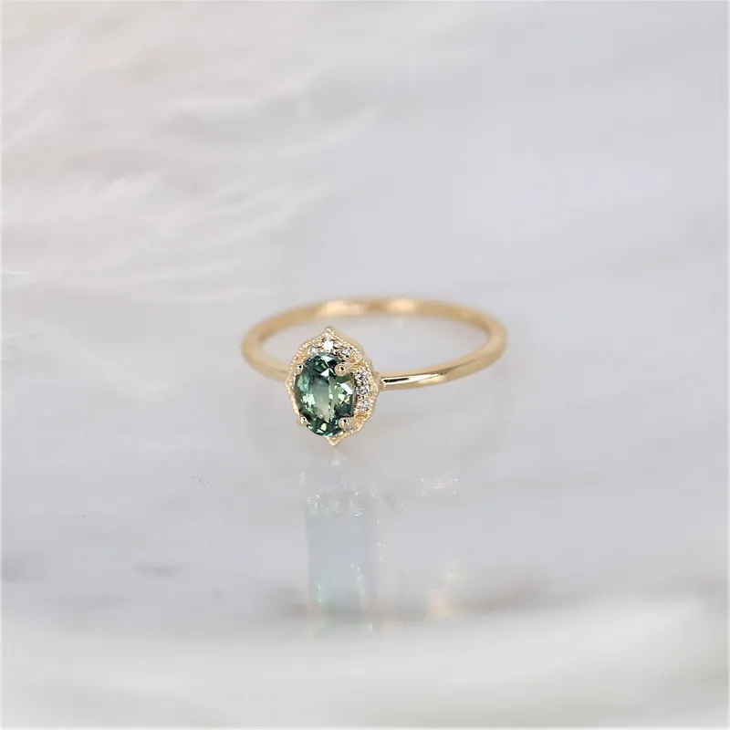 0.87ct Ready to Ship Mini Mae 14kt Gold Green Tea Teal Sapphire Diamond Oval Halo Ring vy 4